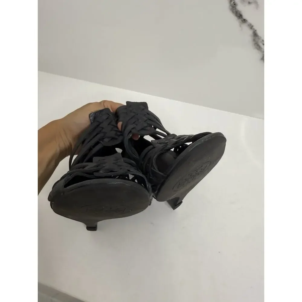 Tory Burch Tevray Huarache Black Wedge Strappy Leather Sandals Women's Size 9